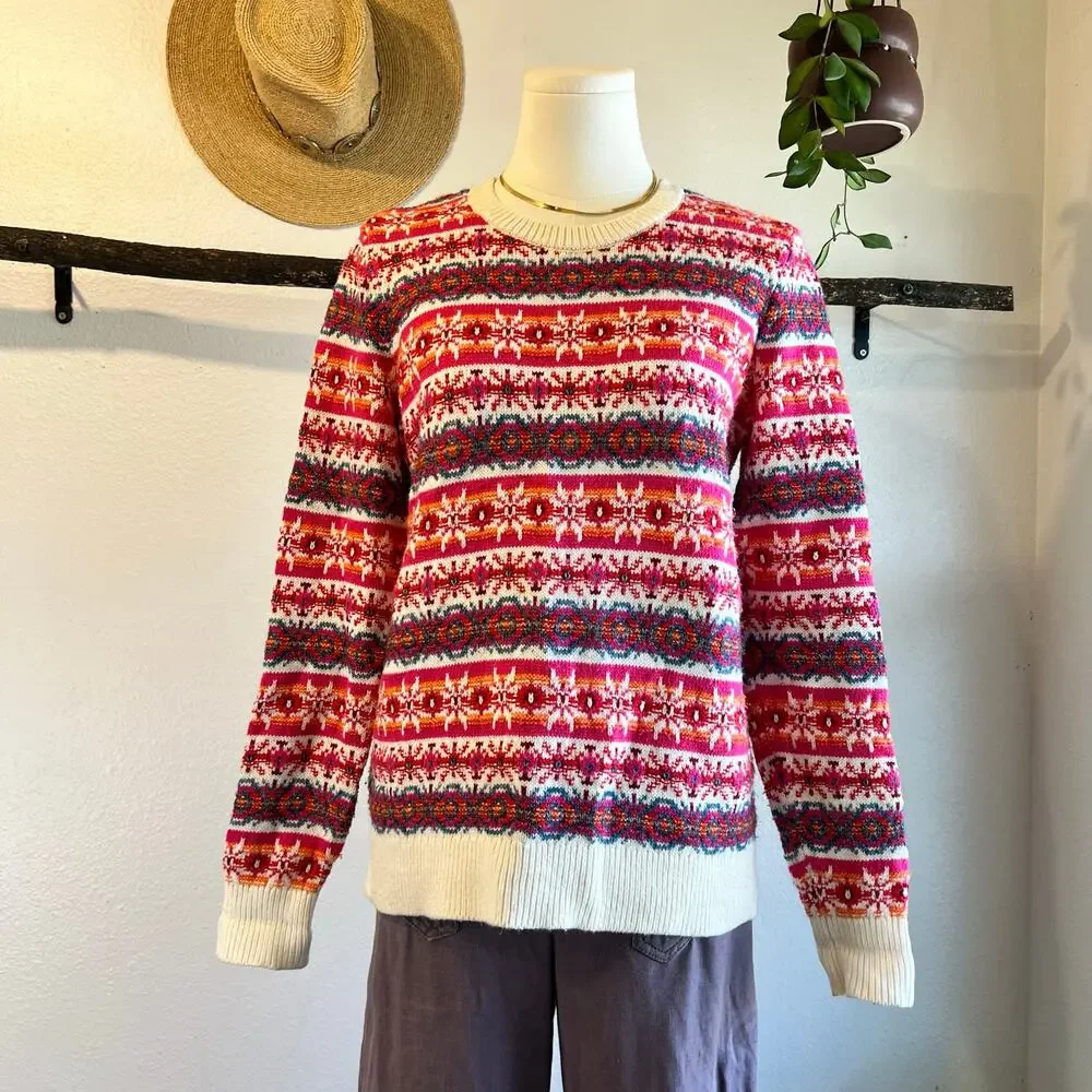 LOFT Pink Cotton Wool Woven Chunky Knit Pullover Crewneck Sweater Size Medium